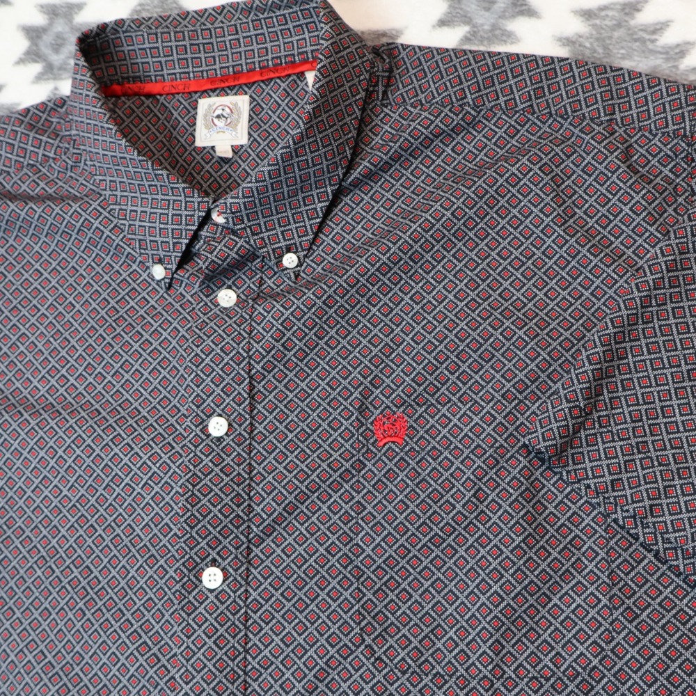 Cinch Mens XXL Short Slv Geometric Medallion Button Shirt Navy Red Diamond Print